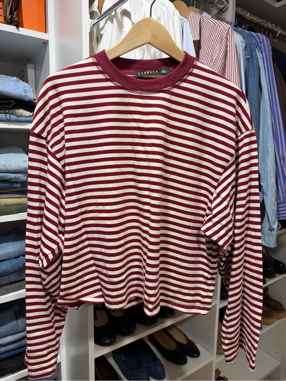 Lioness Burgundy and Cream Striped Long-Sleeve Tee